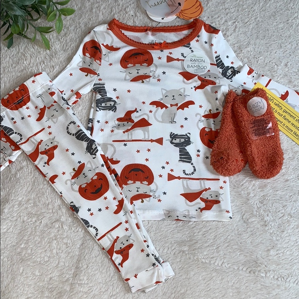 NWT Milkberry Halloween White & Orange Bamboo Loungewear Pajamas 3 pc Set 12M